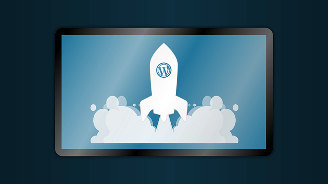 A white rocket taking off with the WordPress logo on it.