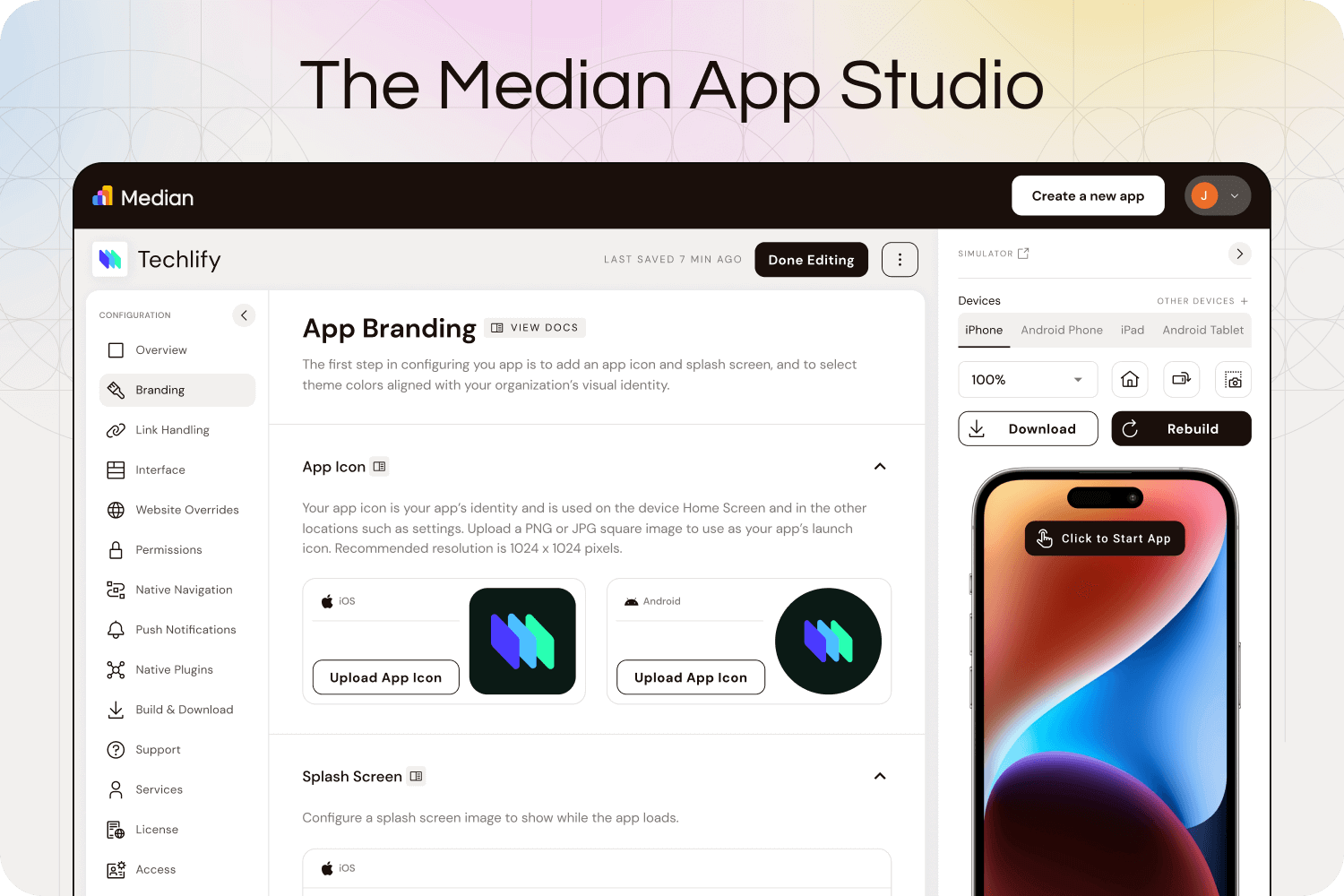 A screenshot of Median.co App Studio showcasing Techify's app branding customization