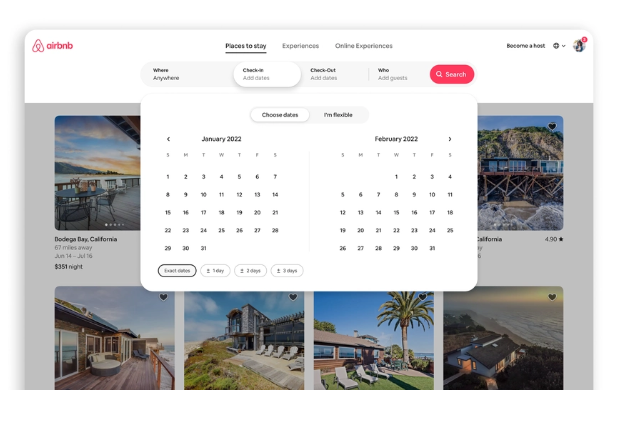 Airbnb webview app showing the calendar to pick dates for a booking