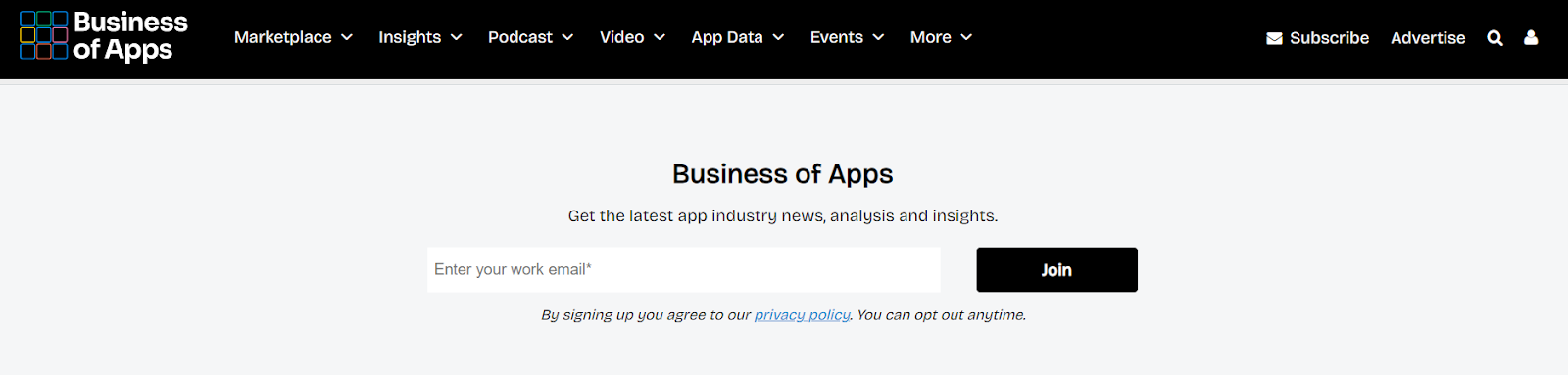 Business of Apps website asking viewers to subscribe to its newsletter