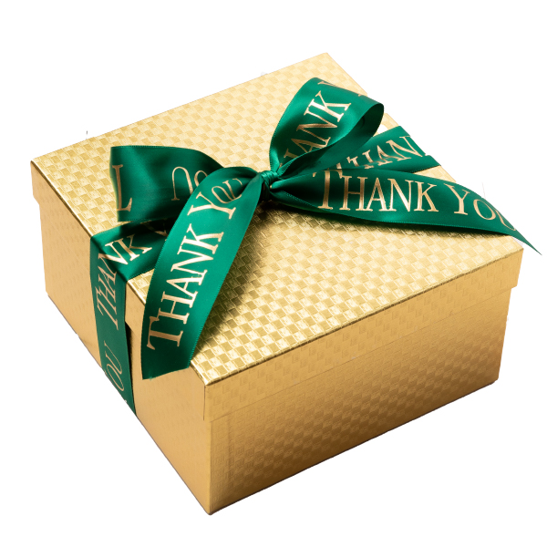 Gold Thank You cookie box gift with green ribbon, a delightful way to express gratitude for your clients, business partners, employees, teachers, or a loved one.