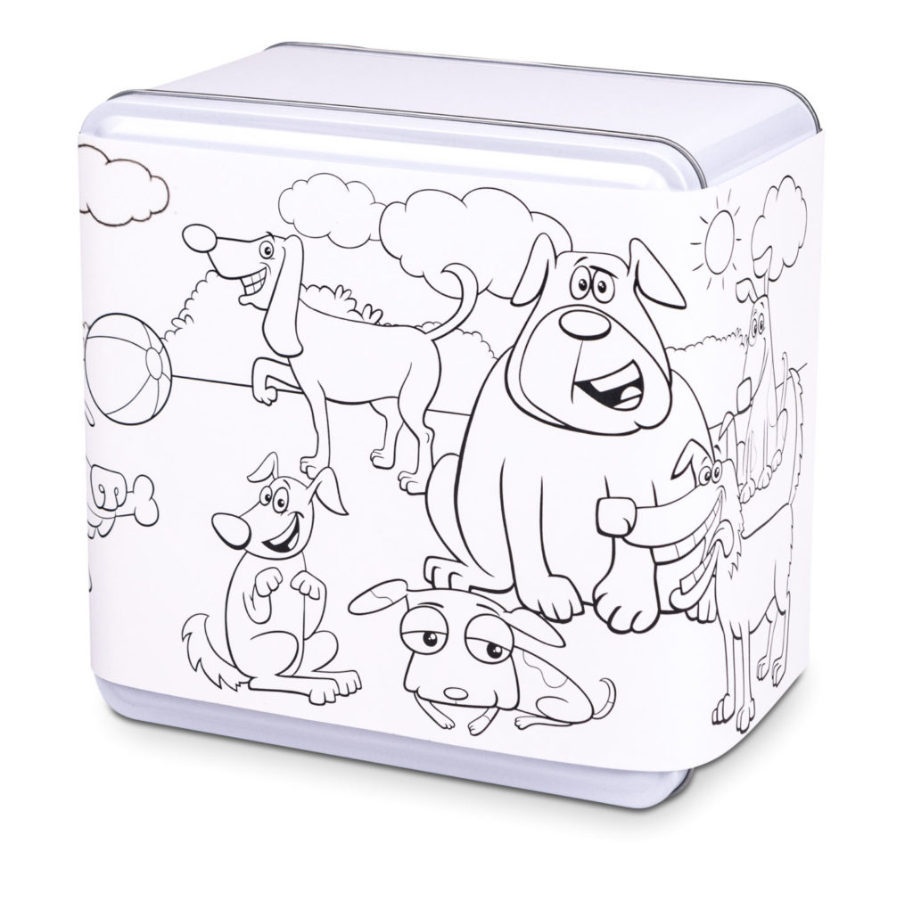 Dogs drawing cookie tin box by Carolina cookie. Perfect gift for kids or your inner child. A delightful treat for animal lovers and cookie enthusiasts. Delivered home