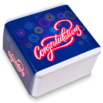 Congratulations gift - Cookie tin filled with delicious cookie flavors chocolate, nuts fruit and more. You order, and we deliver. By Carolina Cookie