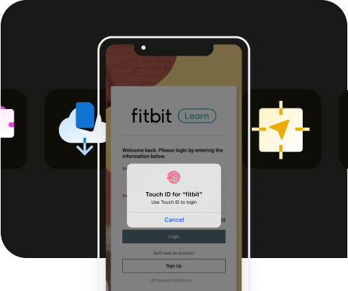 FitBit App showed on an iPhone with a pop-up window encouraging users to authenticate using Touch ID to login.