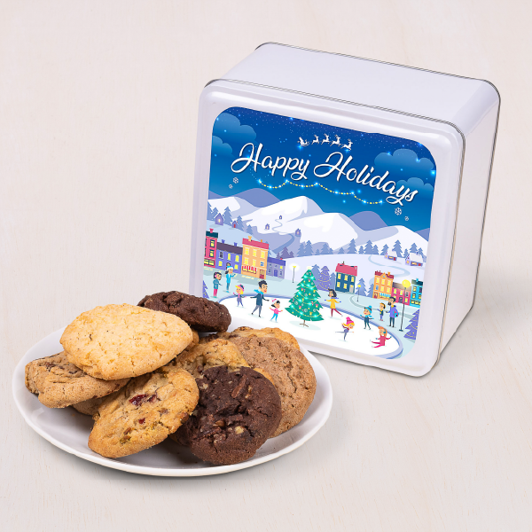 This Christmas cookie gift tin with a quaint town square featured on the front is jam packed with individually-wrapped gourmet cookies in your favorite flavor or choice of assortment.